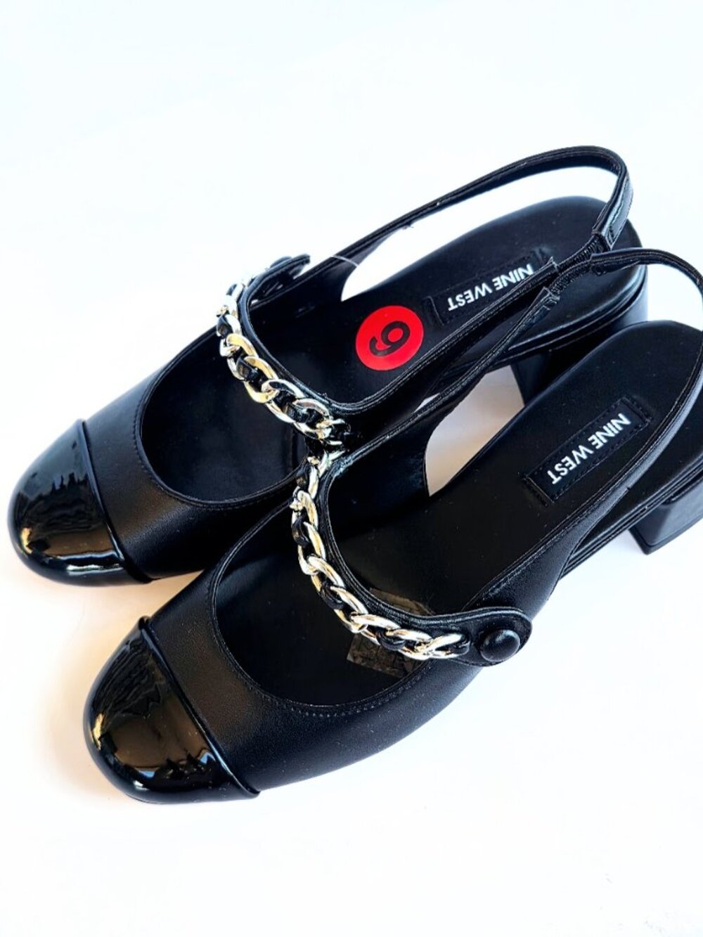 NEW Nine West Cast Chain Strap Block Heel Slingback Pumps - Black Size 6